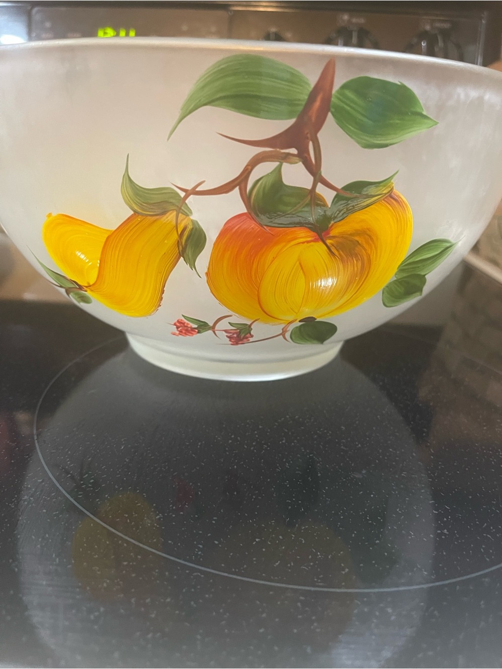 Hazel Atlas Gay Fad Fruit Salad Bowl Frosted Satin Glass Hand Painted MCM 10